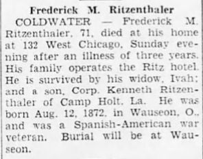 Ritz Hotel (The Ritz) - Dec 1943 Former Owner Passes Away